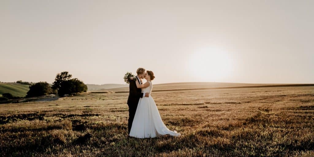 Eine Hochzeitsgesellschaft küsst sich in einem Feld bei Sonnenuntergang.